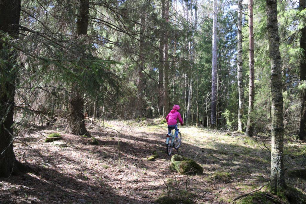 Lapsi pyöräilee metsäaukealla.