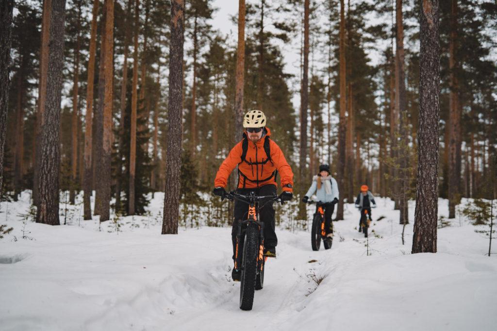 Maastopyöräilijät ajavat kapealla metsäpolulla