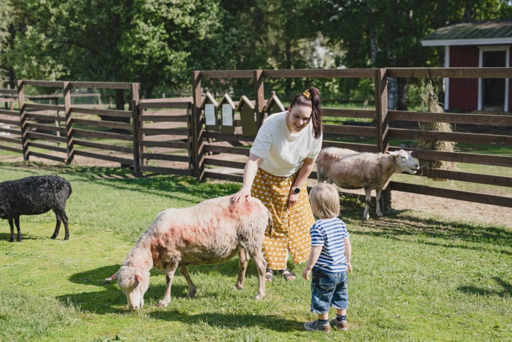 Äiti rohkaisee lasta lampaan rapsutteluun Wanhan Markin pihassa